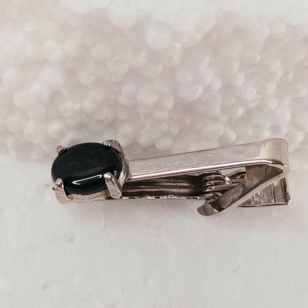 Silver Tie Clip Onyx Natural Black Onyx, Elegant Classic Timeless Vintage